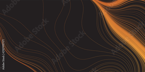 Abstract digital background featuring flowing golden and orange wavy lines sweeping across a dark background. Dense bundles of curved stripes converge and diverge in a dynamic, fluid motion pattern