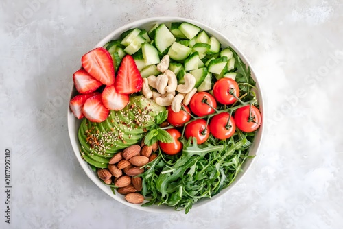 Colorful healthy salad bowl made with fresh vegetables, fruits and nuts served on a clean light background. Perfect for healthy eating and nutrition themes.
