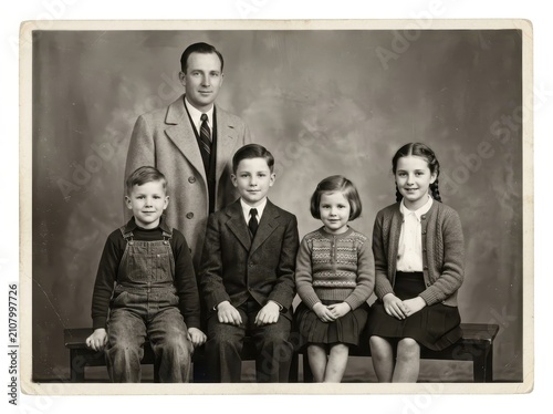 Vintage studio portrait of a family with four children