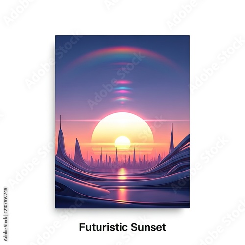 Vibrant Futuristic Sunset Over a Cyberpunk Cityscape with Reflective Waters.
