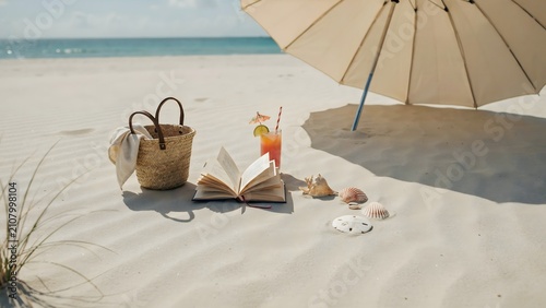 Beach reading setup under umbrella on sand – Ideal for summer vacation ads, travel blogs, or book promotion.