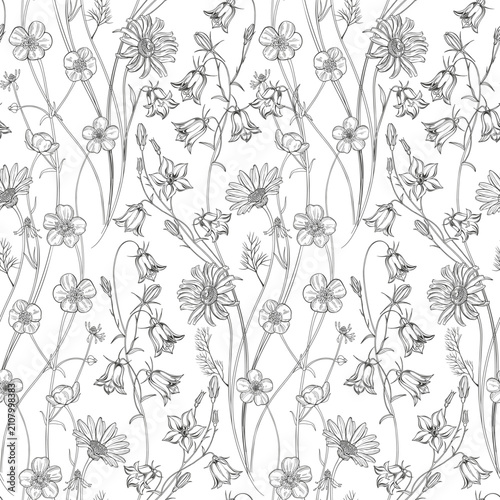 Bluebells, buttercups and chamomile. Seamless pattern with wildflowers. Vector illustration with summer meadow. Black and white. Perfect for design templates, wallpaper, wrapping, fabric, print and te