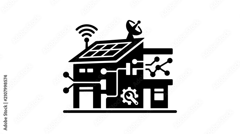 Obraz premium Smart Home Technology Icon with Solar Panels and Connectivity.