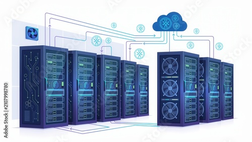 Server racks connected to cloud computing network in a modern data center facility