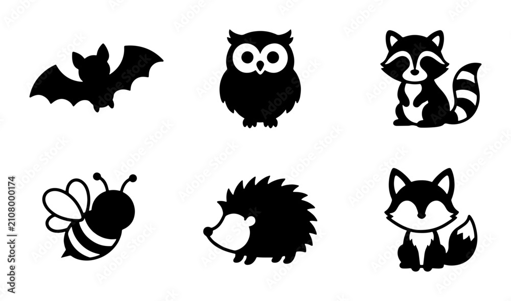 Obraz premium Cute Woodland Animal Icons Set: Bat, Owl, Fox, Raccoon, Bee, Hedgehog Vector Graphics