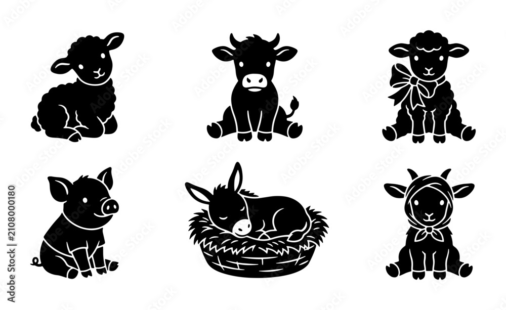 Obraz premium Farm Animal Icons Set, Cute Livestock Silhouettes, Baby Animals Vector Graphics, Nursery Decor Elements