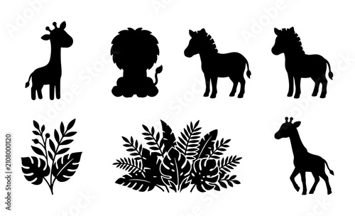 Canvas Print Safari Animals Silhouette Collection, Giraffe, Lion, Zebra Icons, Tropical Leave