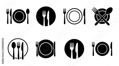Restaurant Icons Set, Dining Place Setting Vector Graphics, Culinary Symbols Collection