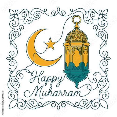 Islamic lantern with a crescent moon and star in a continuous line art drawing isolated on a white background for holiday event.
