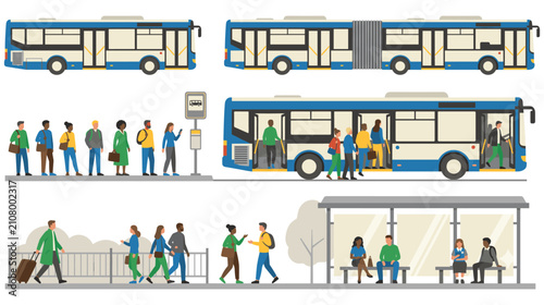 Принти на полотні City bus and passengers at stop, urban transit transportation illustration