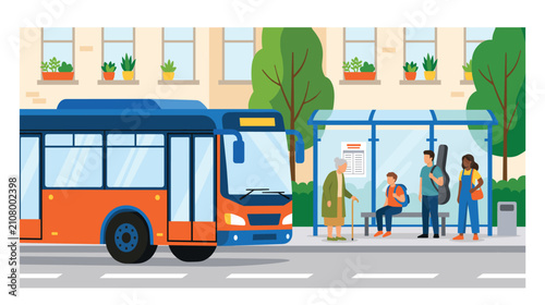 Modern city bus at bus stop with diverse passengers waiting.