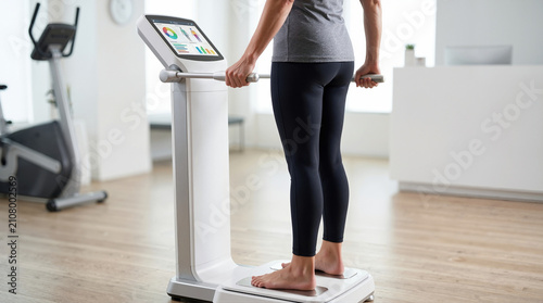 Person standing barefoot on body composition analyzer scale. Digital screen displaying health and fitness data charts. Medical weight and muscle mass measurement equipment