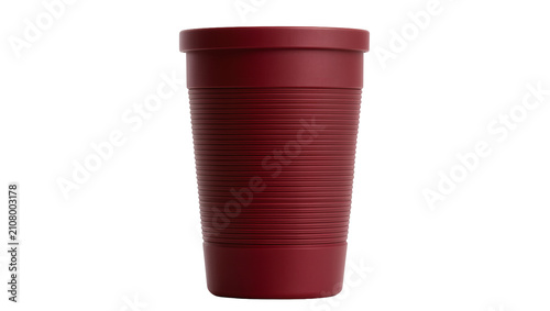 Deep red ribbed reusable travel mug, isolated on transparent background