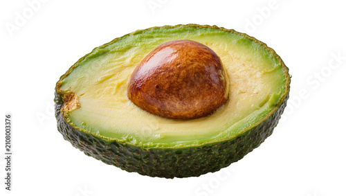 Ripe green avocado half with large brown seed, isolated on transparent background