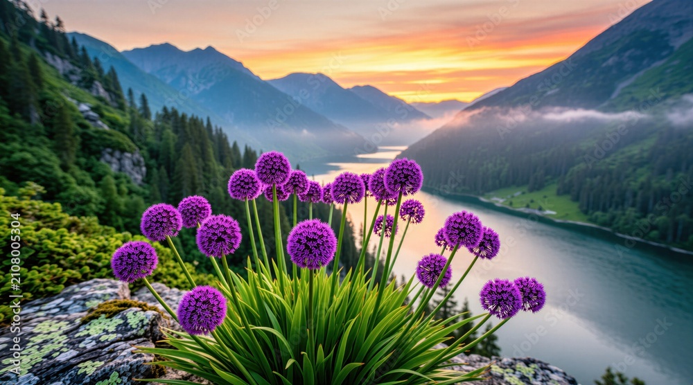 Naklejka premium Purple allium flowers grow on rocky mountain slope overlooking serene lake and distant peaks at sunrise. Rich green trees line water. Peaceful nature scene.