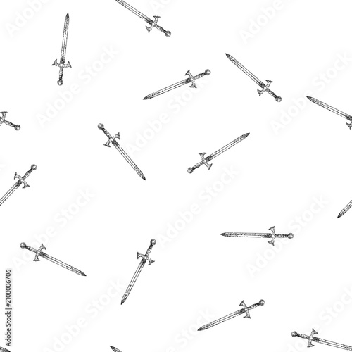 Bild auf Leinwand seamless pattern crusade sword medieval hand drawn