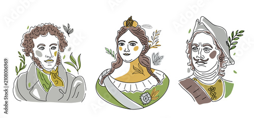 Schilderij op canvas The three historical figures depicted in elegant attire are Pushkin, Anna Ioannovna, and Peter I