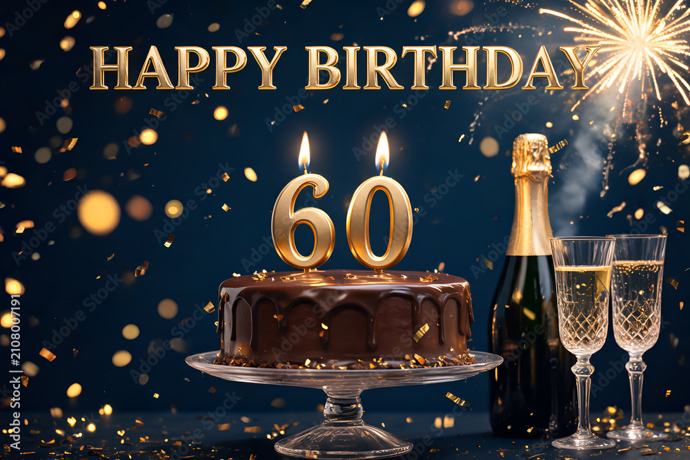 Obraz premium Happy birthday cake with 60 candles champagne confetti and festive bokeh lights Celebration concept