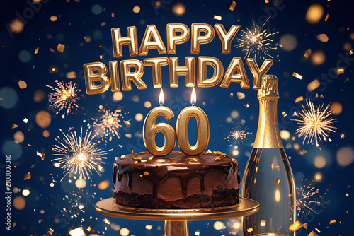 Happy birthday celebration cake with 60 candles champagne bottle fireworks confetti festive party