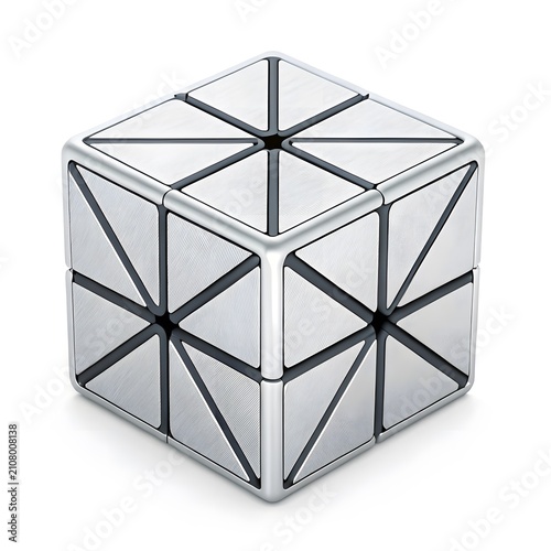 Metallic silver puzzle cube with triangle segments and geometric lines on white background metallic geometric triangle