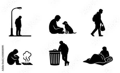 Homelessness Icons Set: Solitude, Struggle, Resilience, Urban Poverty, Social Issues