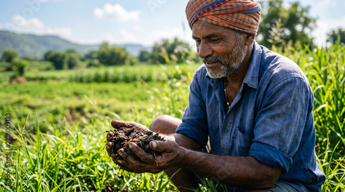 Indian farmer holding soil in field. Agricultural worker checking land quality for crops.