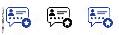 Customer review and rating icons illustrating user feedback, customer satisfaction, and review symbols in outline and solid styles with clean minimalist vector graphics for business analytics, e-comme