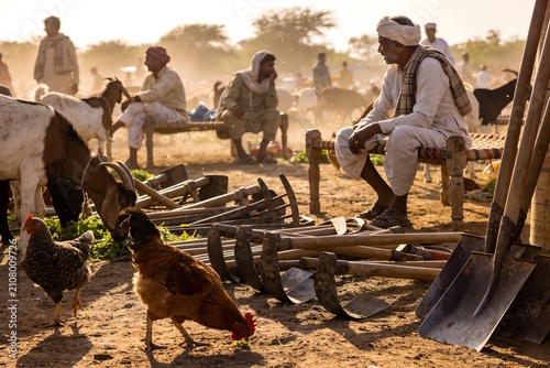 Farmers resting with livestock and tools in rural setting