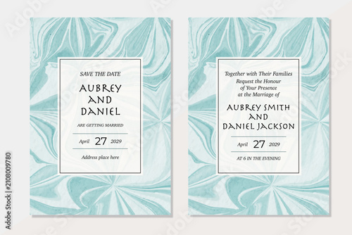 elegant teal wedding invitation template with watercolor marble texture background