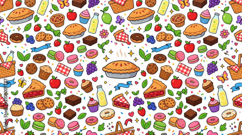 Foto Colorful seamless pattern of desserts and fruits.