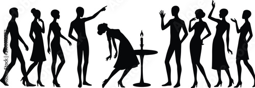 Black silhouettes of men and women gathered around a table with a lit candle vector illustration