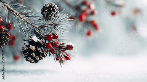 Snow-covered evergreen branch with frosty pine cones and bright red berries against a soft winter backdrop. Christmas, New Year greetings, invitations, banners and printed materials.