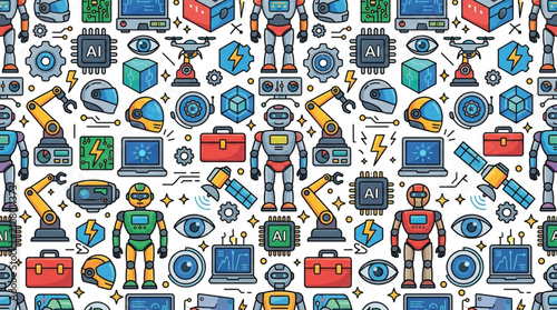 Fotografie Colorful robot and technology icons seamless pattern design.