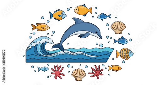Canvas Print Jumping dolphin with fish and ocean life