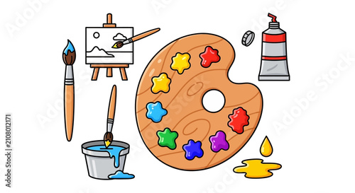 Art supplies illustration with palette, brushes, paint tube and easel