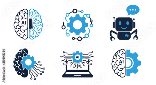 Artificial intelligence and brain logic icons - Glyph and solid icon set - logo icons. Blue, Black and white icons - Icon vector 
