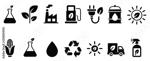 Bild auf Leinwand Biofuel and renewable energy icon set with ethanol production, green technology,