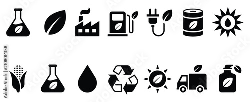 Renewable biofuel and green technology icons showcasing ethanol production, eco energy, and sustainable fuel vector illustration