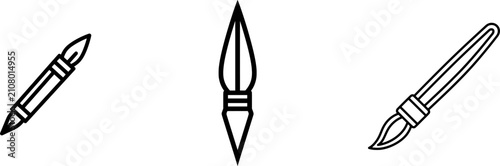 A minimalist black outline icon of a fine artist paintbrush, with thick uniform lines, isolated on a pure white background, in a flat vector style