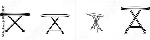 A minimalist black outline icon of a folding metal ironing board with thick uniform lines, isolated on pure white background, showcasing its versatile design for laundry tasks