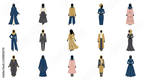 Cuadro en lienzo Elegant Collection of 15 Stylish Modest Women s Outfits in Various Colors and De