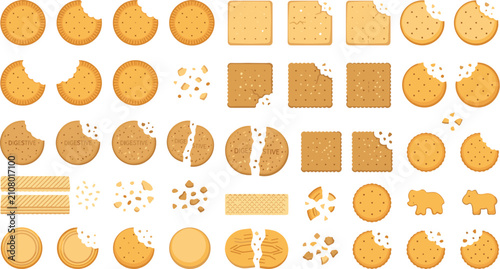 Schilderij op canvas Crispy sweet cookies and crackers flat vector icon collection featuring chocolat