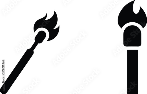 Foto Match stick icons with and without flame burning symbol for fire and danger concept