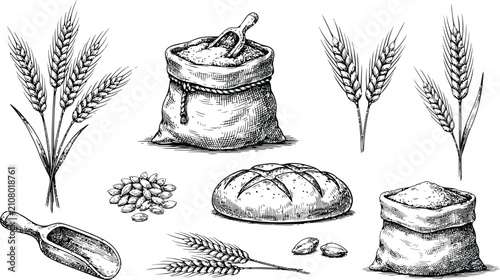 Foto Hand-drawn sketch of wheat collection with flour sacks, grains, and fresh bread
