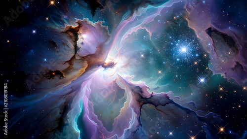 Stunning colorful nebula in deep space with bright shining stars and cosmic dust clouds.