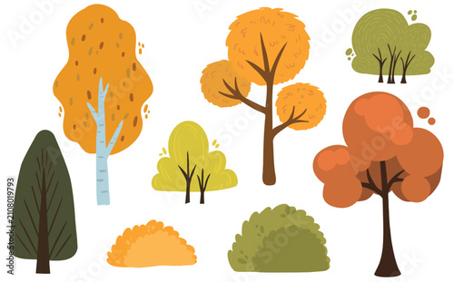 Flat vector illustration of autumn trees and shrubs in warm tones.