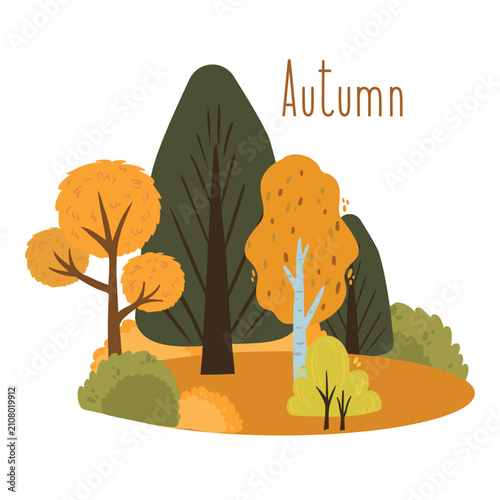 Flat vector illustration of an autumn forest scene with the word “Autumn” in a warm font.