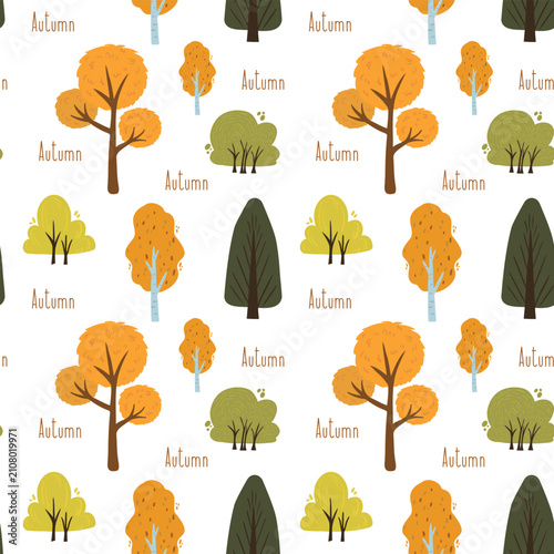 Seamless autumn pattern with stylized trees and the word “Autumn” in a warm font.
