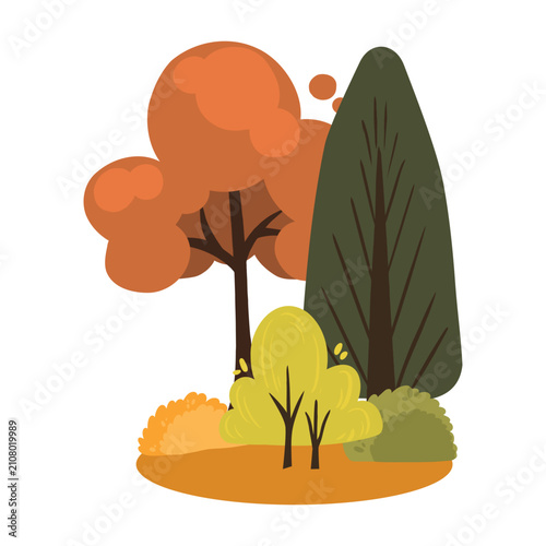 Flat vector illustration of an autumn forest scene with stylized trees and shrubs.