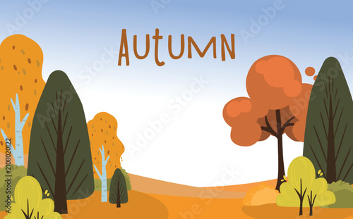 Flat vector autumn landscape with stylized trees and the word “Autumn” in a warm font.